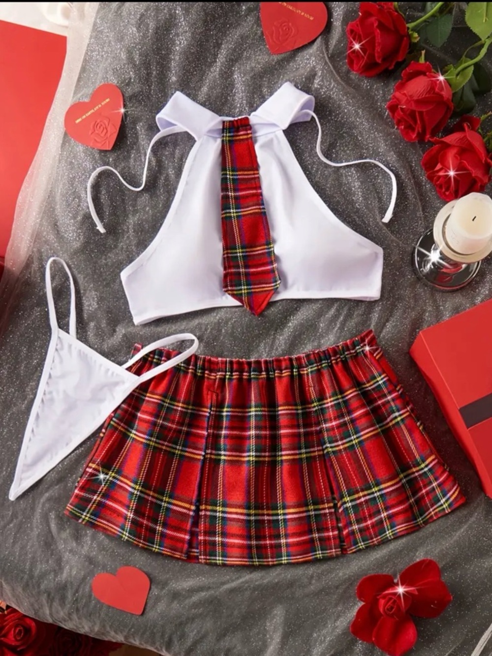 White Halter Crop Top with Red Tartan Pleated Mini Skirt Set